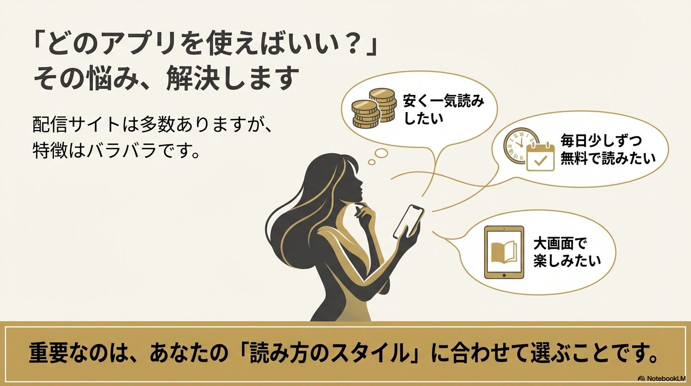 安く一気読みしたい」「毎日無料で読みたい」「大画面で楽しみたい」といった読者の悩みを解決するための案内スライド。