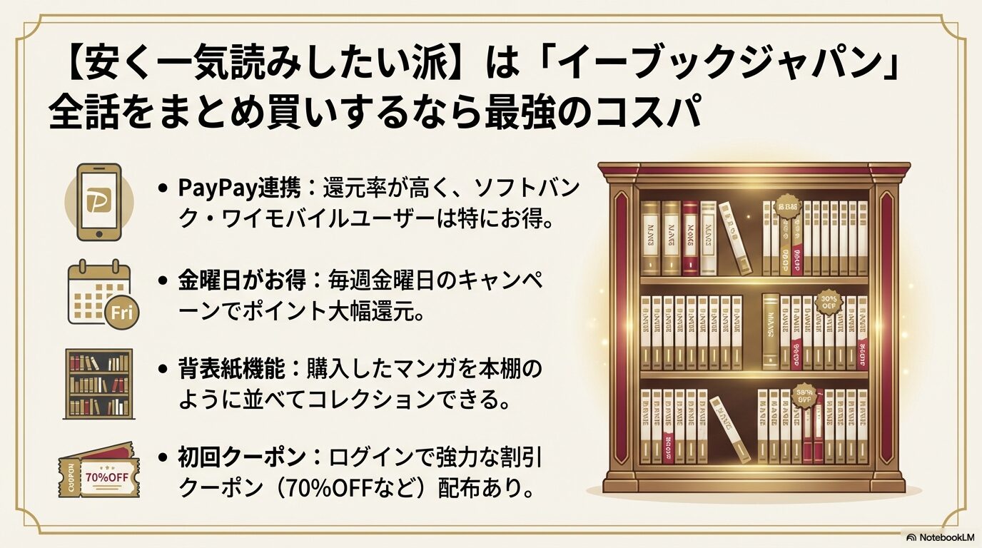 ebookjapanのPayPay連携や金曜キャンペーン、初回70%OFFクーポン、本棚のように並べられる背表紙機能の紹介スライド。