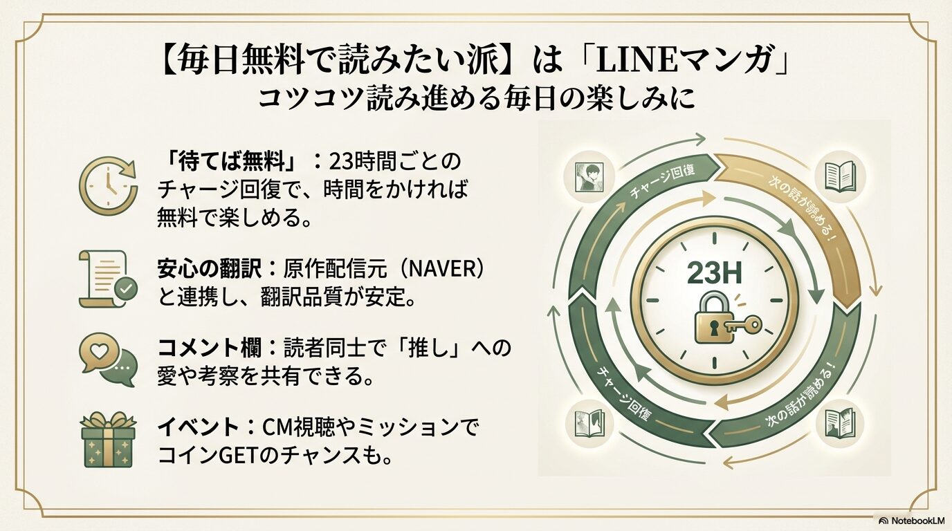 LINEマンガの23時間でチャージが回復する「待てば無料」システムの仕組みを図解したスライド。