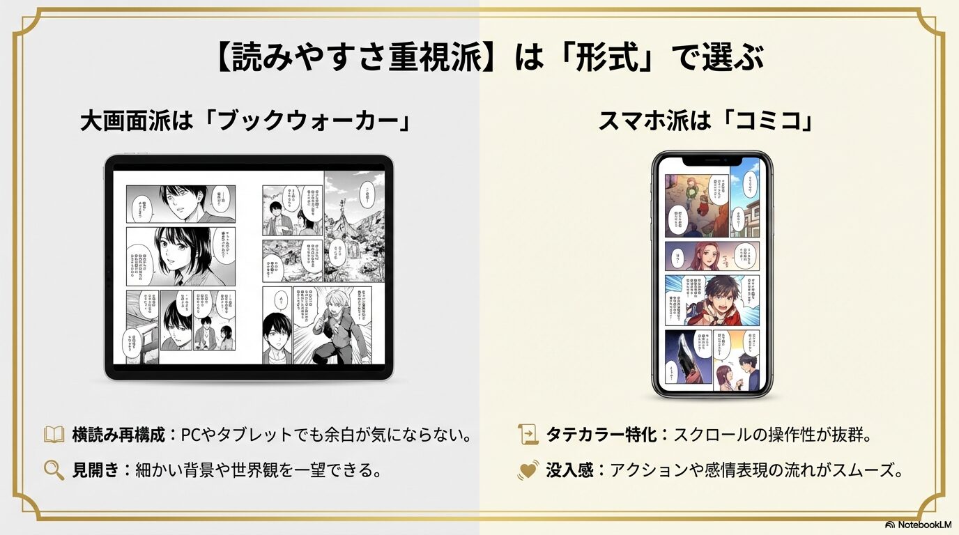 大画面で見開きを楽しめるBOOK☆WALKERの横読み版と、スマホでの操作性が抜群なcomicoの縦読み版を比較したスライド。