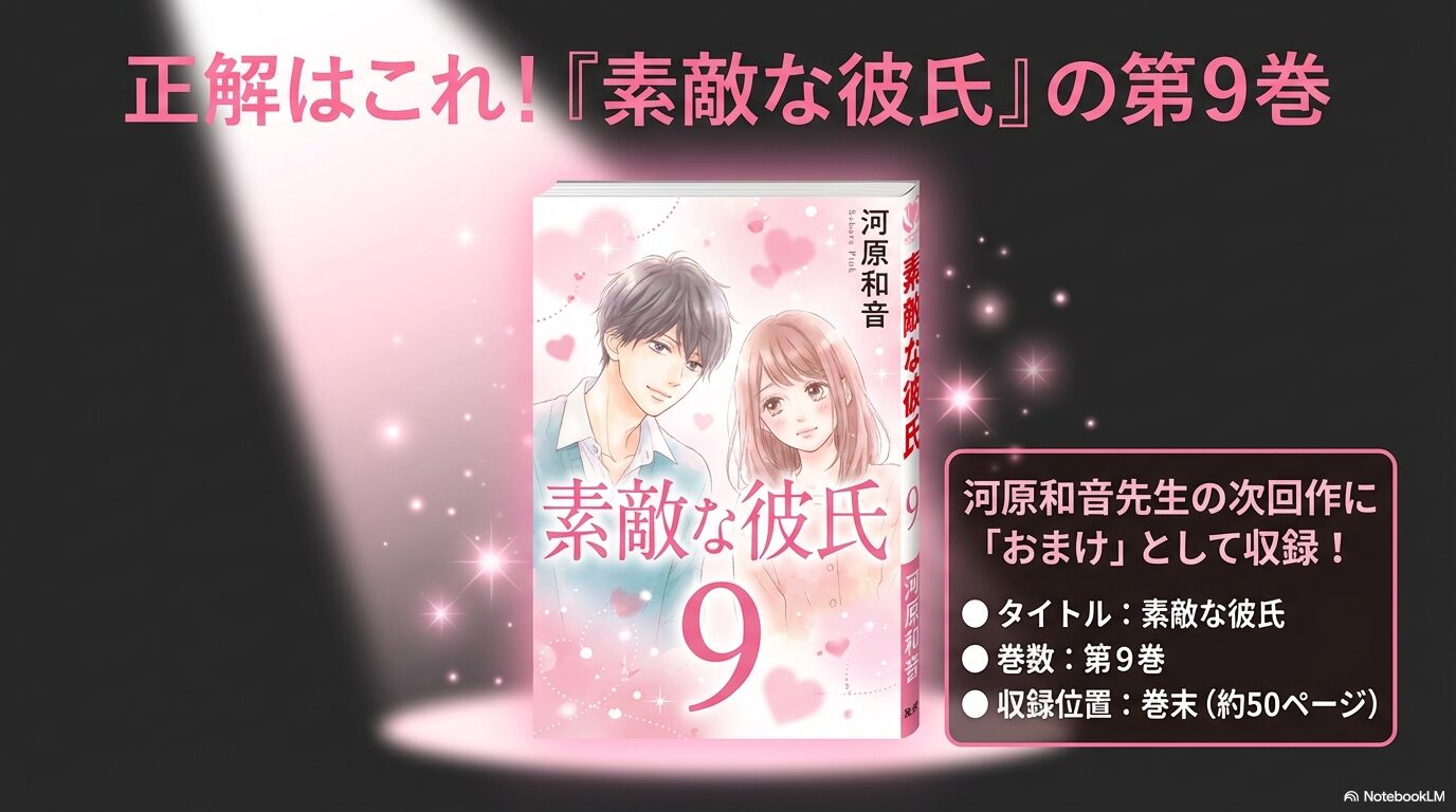 河原和音先生の次回作「素敵な彼氏」第9巻の巻末に青空エール特別編が約50ページ収録されていることを示す画像