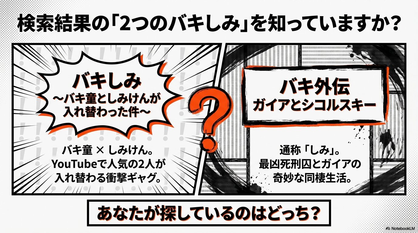 YouTuberコラボ漫画のバキしみと、バキ外伝ガイアとシコルスキーの2作品を比較する図解