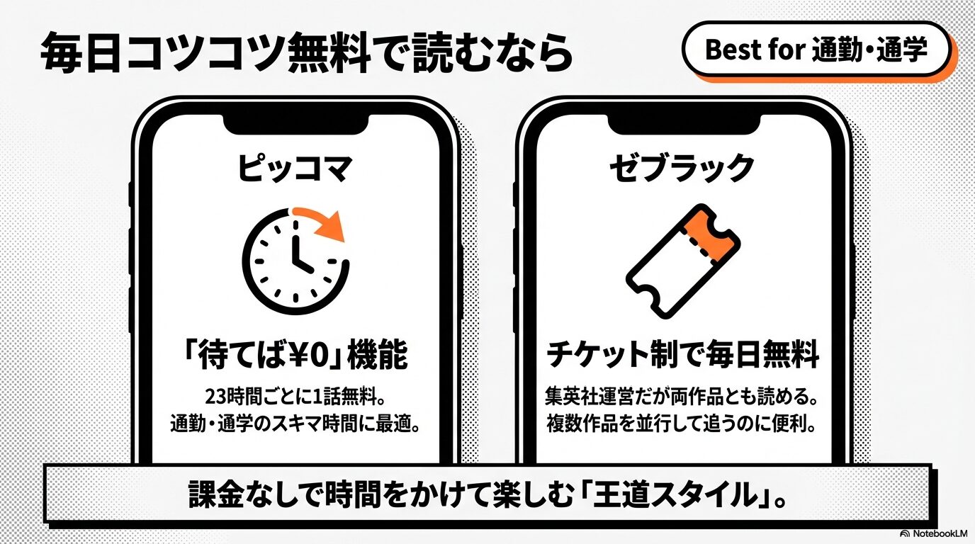 ピッコマの待てば0円機能とゼブラックのチケット制を比較した無料漫画アプリの特徴