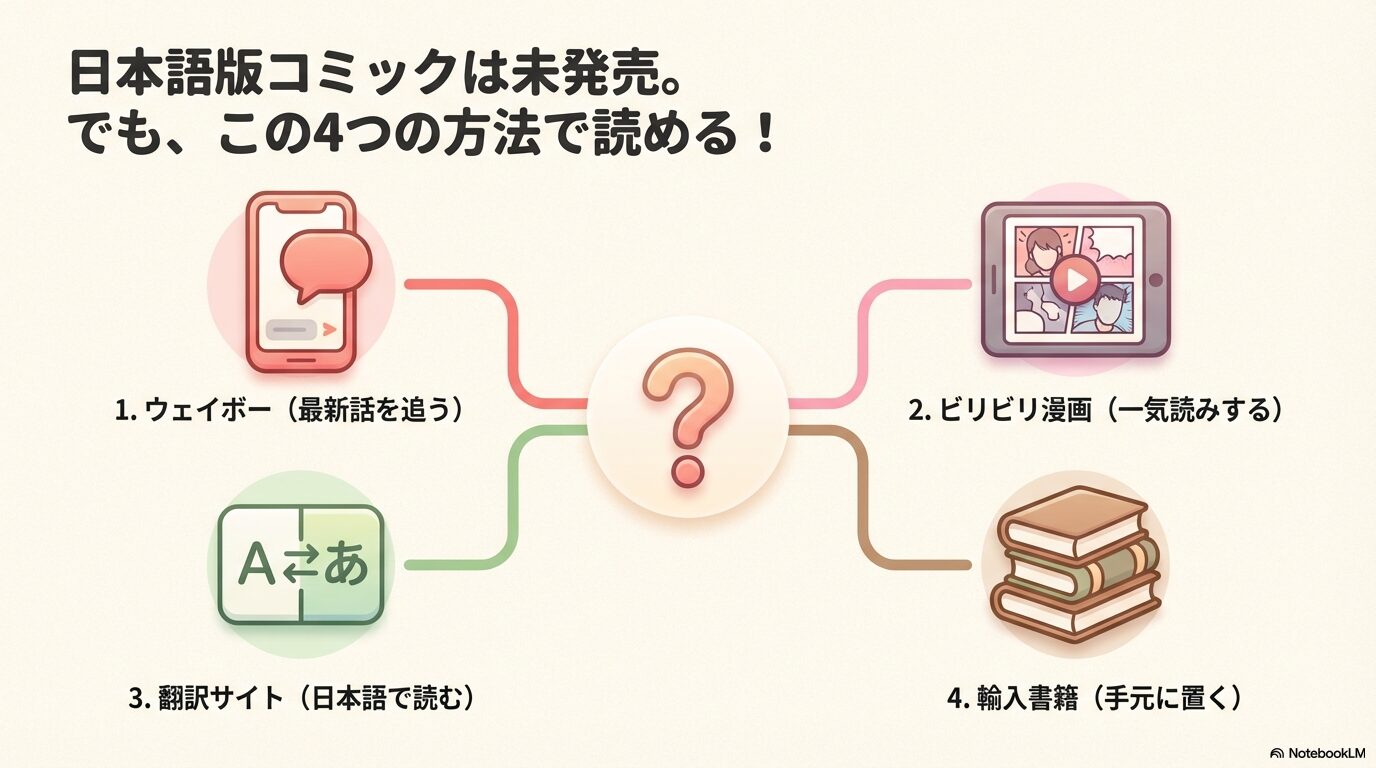 万聖街の原作を読む方法として、ウェイボー、ビリビリ漫画、翻訳サイト、輸入書籍の4つを紹介する図解。