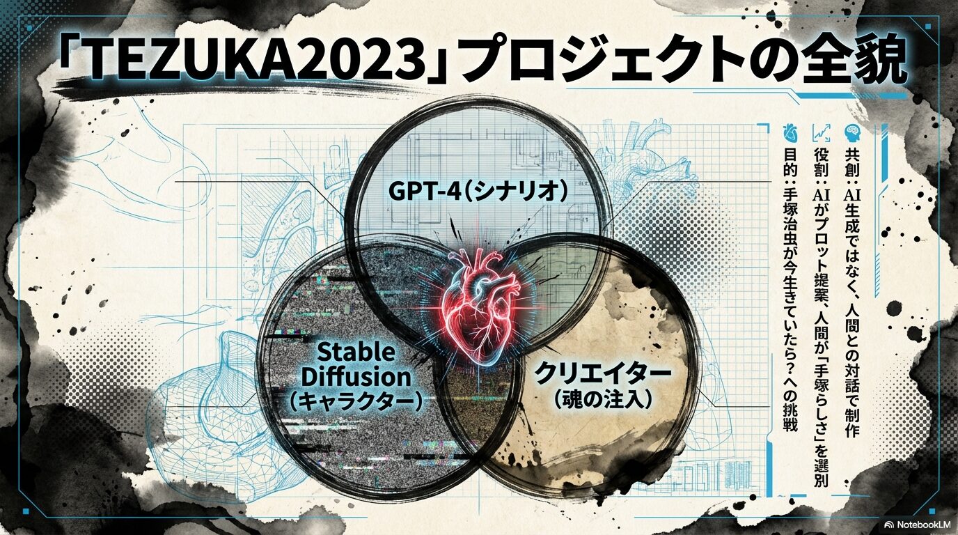 GPT-4やStable Diffusionを活用し、人間とAIが対話しながら「手塚らしさ」を追求した共創の仕組みを解説するスライド
