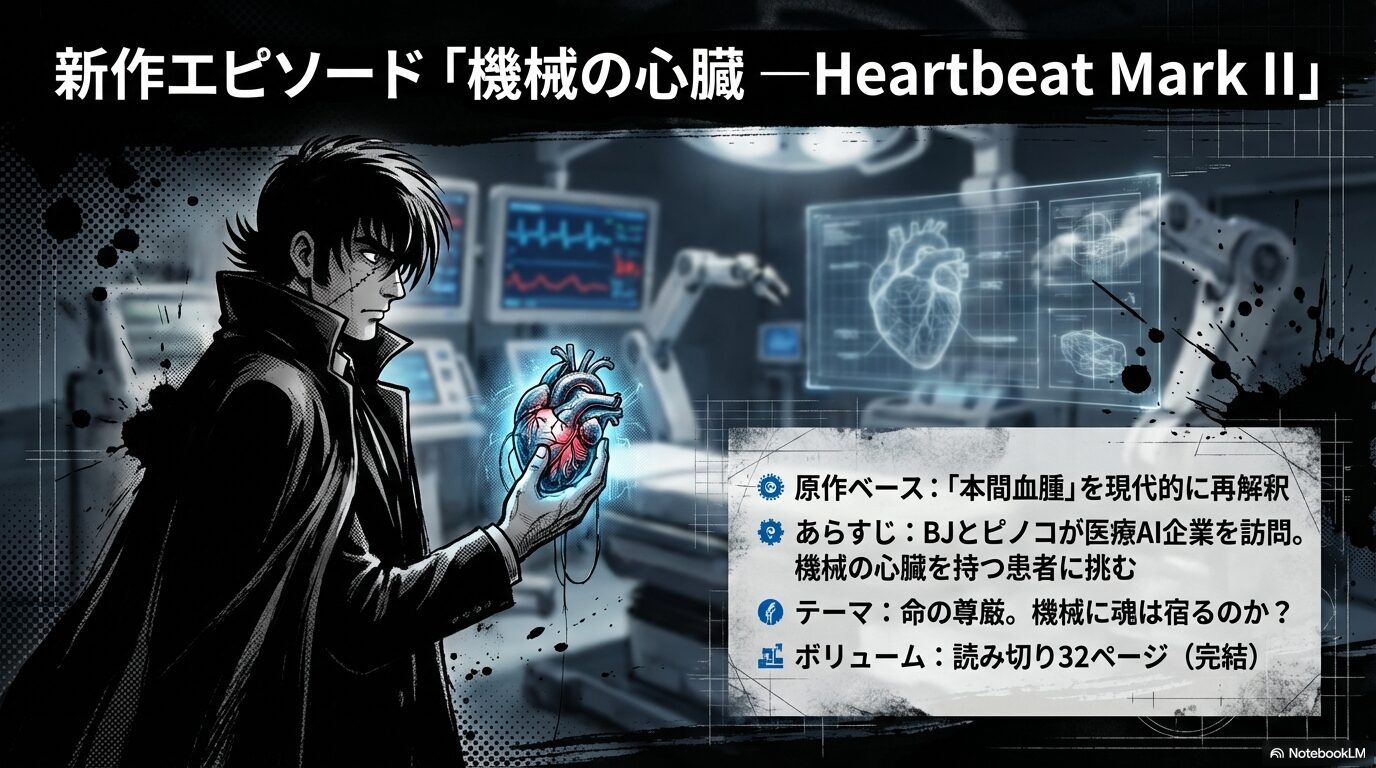 新作「機械の心臓 -Heartbeat Mark II」のあらすじ、命の尊厳というテーマ、32ページの読み切り完結であることを説明するスライド