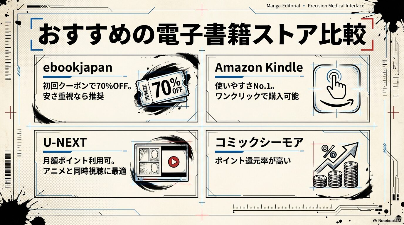 ebookjapan、Amazon Kindle、U-NEXT、コミックシーモアの各ストアのメリットとクーポン情報を比較したスライド