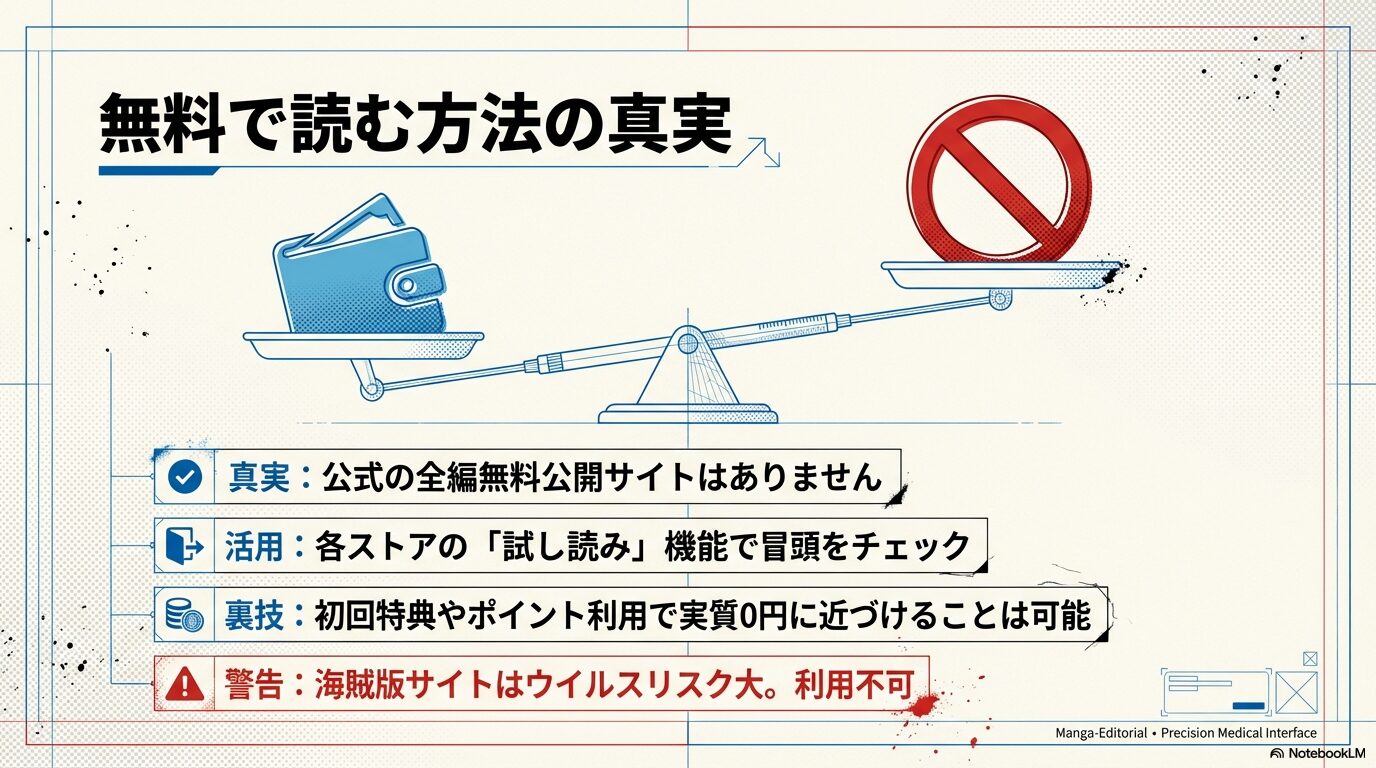 全編無料公開はないという真実、試し読みの活用、初回特典による実質無料化、海賊版のリスクを解説するスライド