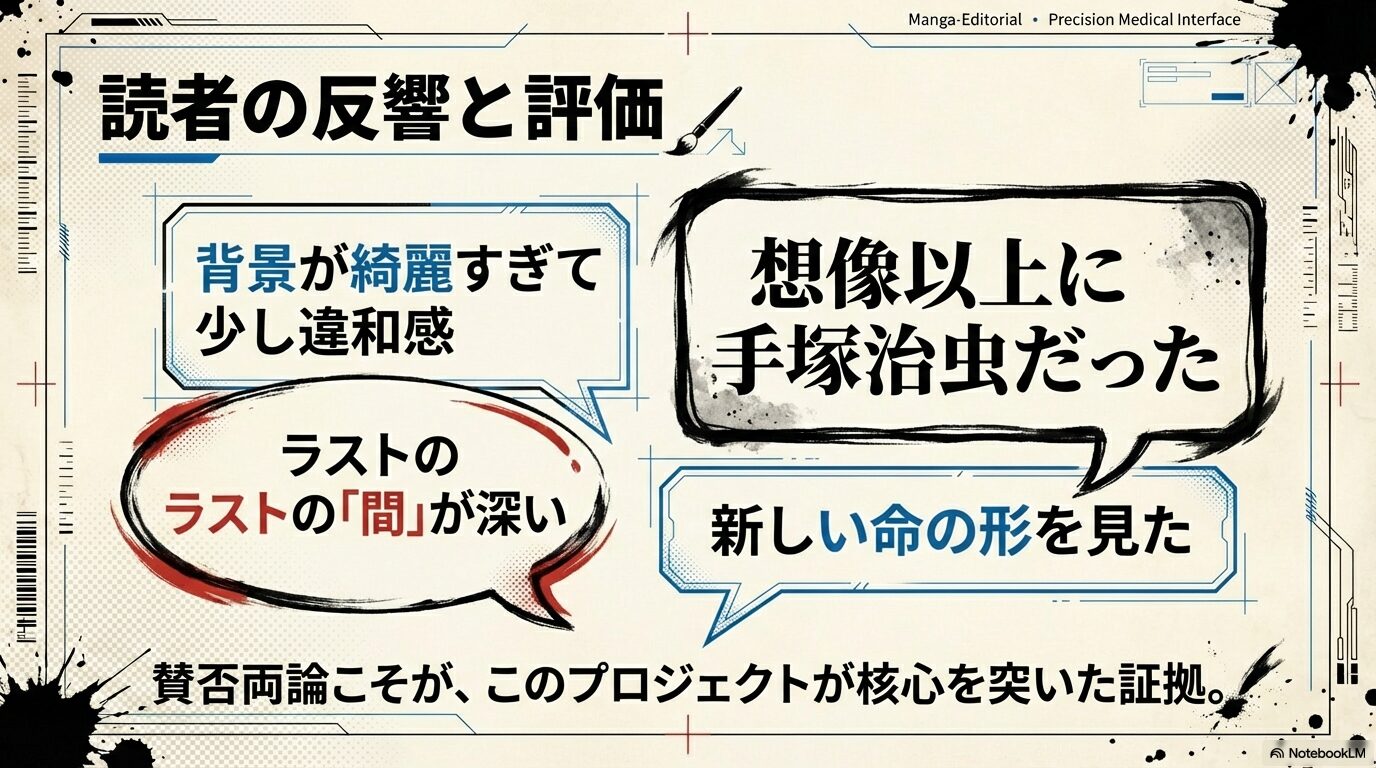 「想像以上に手塚治虫だった」という好意的な意見や「背景が綺麗すぎる」という違和感など、読者の賛否両論をまとめた評価スライド
