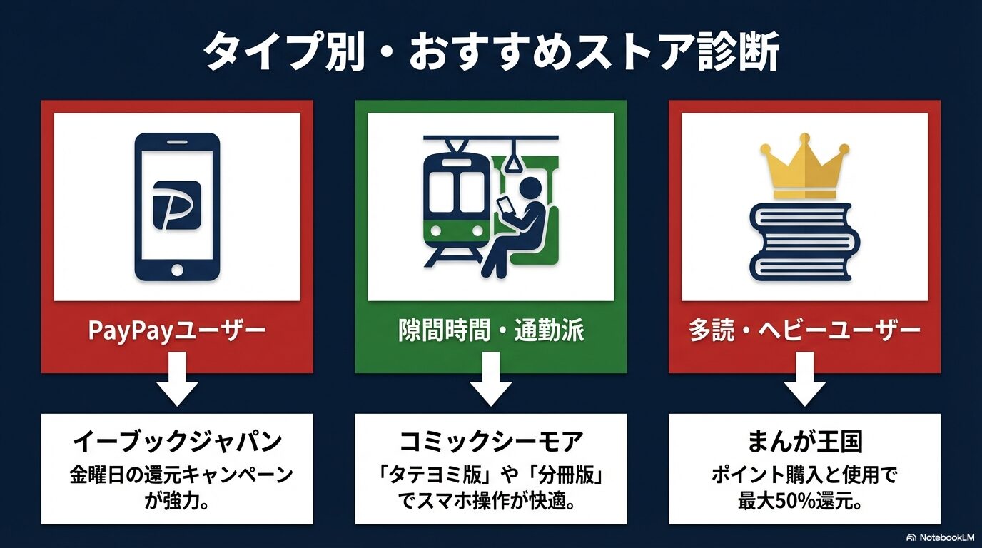PayPayユーザーならebookjapan、通勤派ならコミックシーモア、ヘビーユーザーならまんが王国などタイプ別の最適ストア診断。