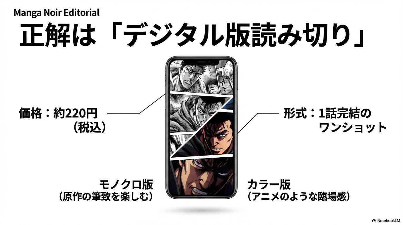 デジタル版読み切り獄頤鳴鳴篇の価格(約220円)と、モノクロ版・カラー版の違いについての比較