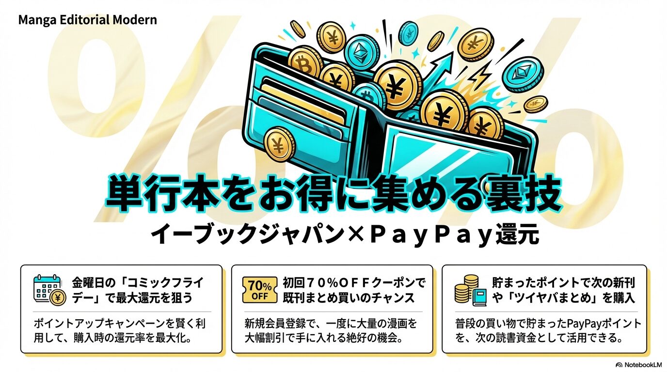 金曜日のコミックフライデーや初回70%OFFクーポンを利用して、既刊を最大還元でまとめ買いする裏技を解説するスライド