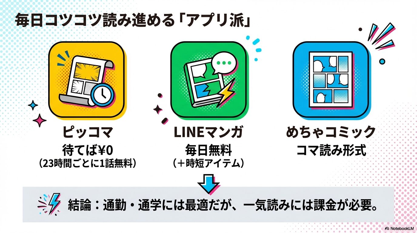 ピッコマの待てば0円、LINEマンガの毎日無料、めちゃコミックのコマ読み形式などを比較し、通勤・通学に最適と結論づけるスライド画像
