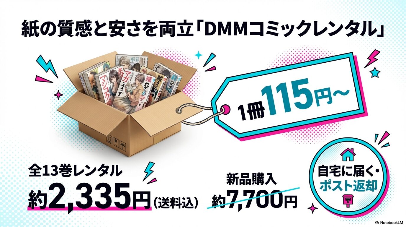 僕の心のヤバイやつ全13巻をレンタルした場合（約2,335円）と新品購入（約7,700円）の料金差を示した比較スライド画像