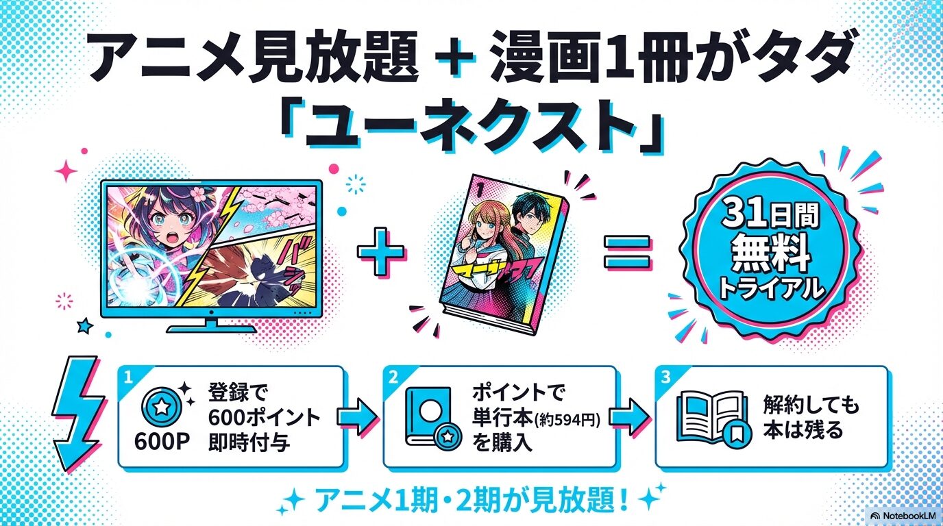 U-NEXTの31日間無料トライアル登録で600ポイントが付与され、単行本1冊が実質タダで購入できる仕組みを解説したスライド画像