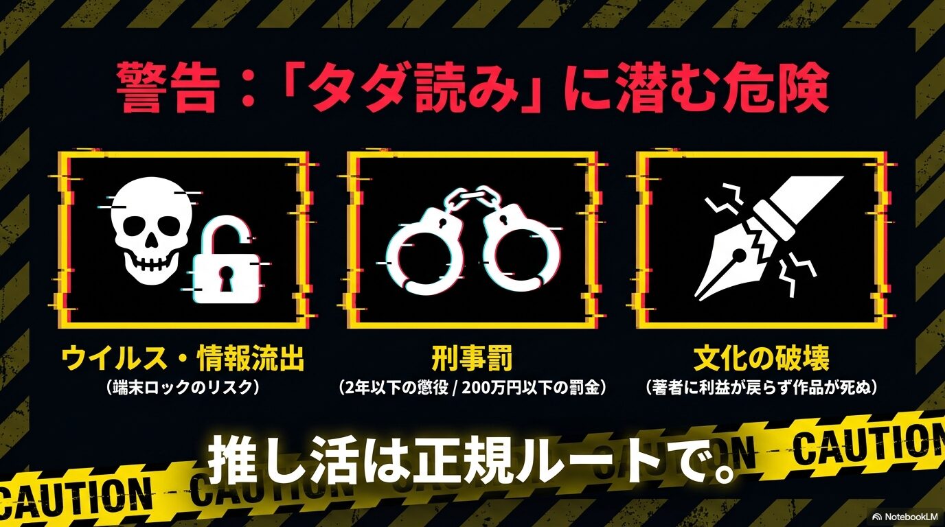 ウイルス感染、刑事罰、文化の破壊という違法サイト利用による危険性を警告するスライド画像