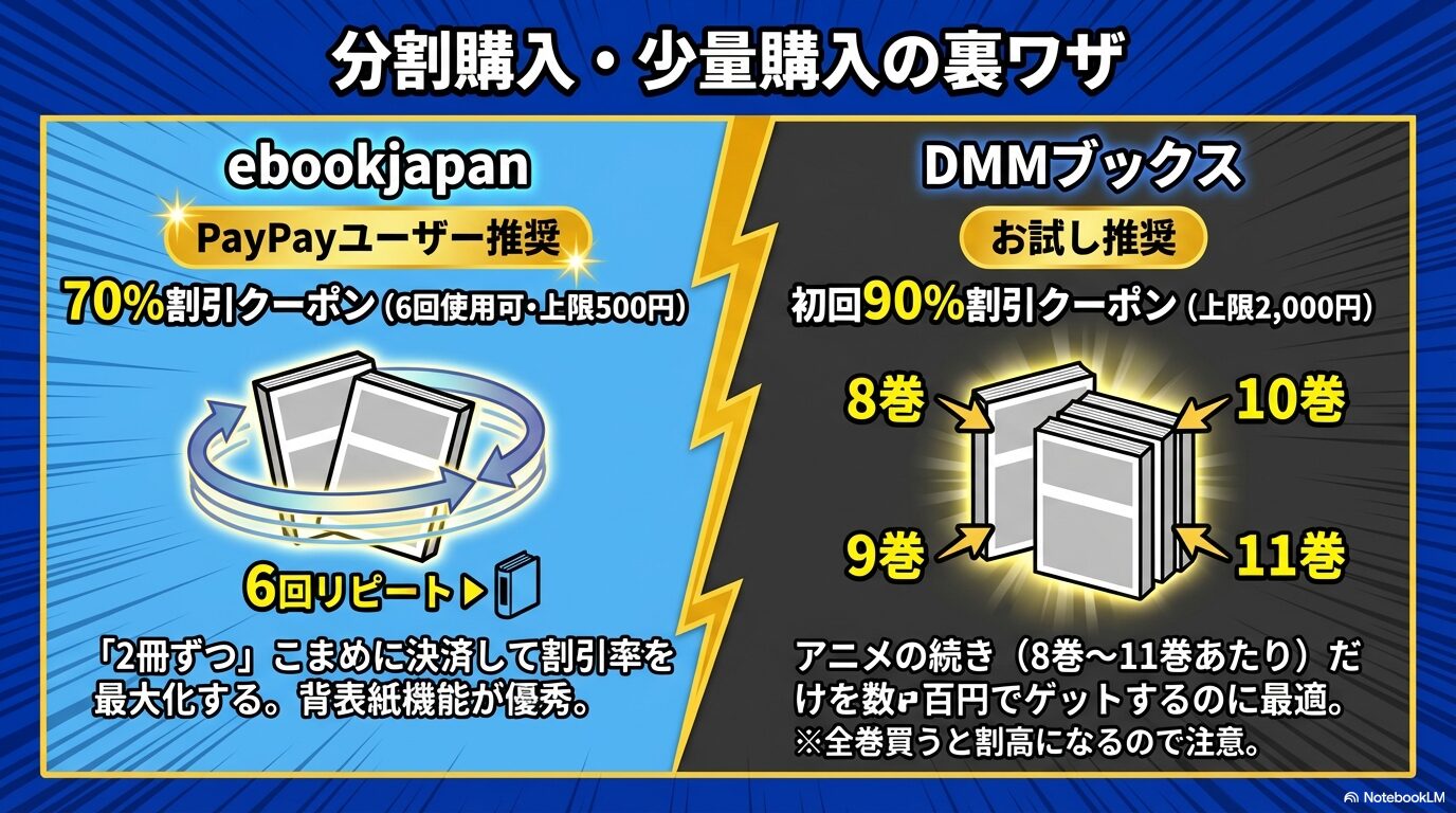 ebookjapanの70%OFFクーポン6回使用と、DMMブックスの初回90%OFFクーポンの最適な使い分け解説