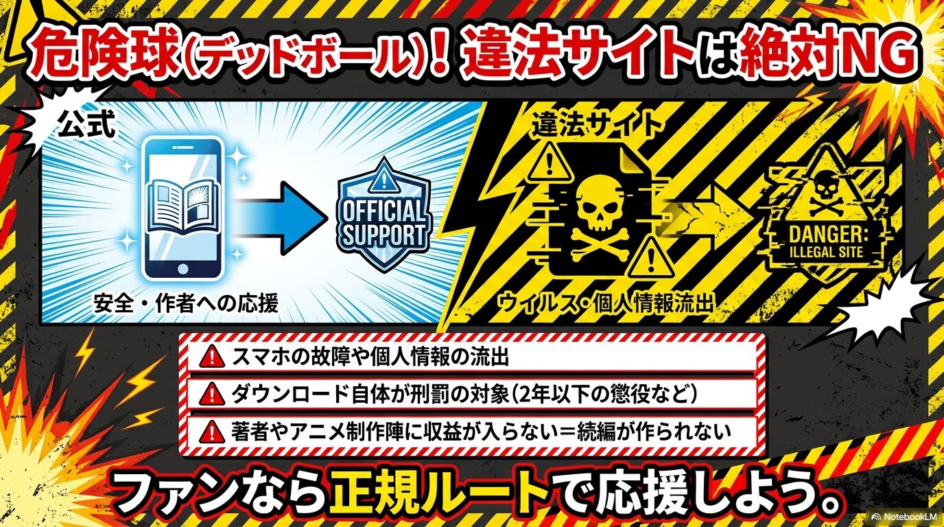 海賊版サイトでのウイルス感染、個人情報流出、法的刑罰のリスク。公式ルートでの応援を推奨する比較図