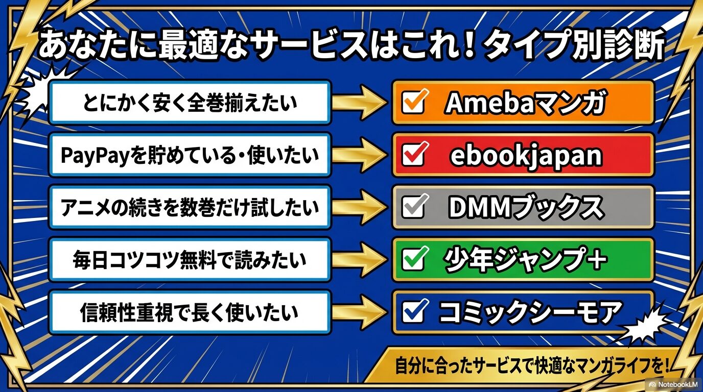 読者のニーズに合わせた最適サービスの診断図。Amebaマンガ、ebookjapan、DMMブックス、ジャンプ+、シーモアの選び方