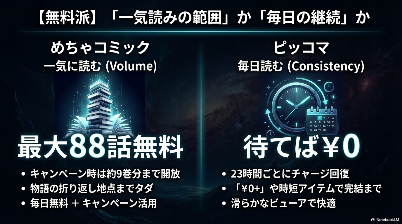 無料で読みたい人向けに、最大88話無料の「めちゃコミック」と、23時間ごとに回復する「ピッコマ」の仕組みを比較した図解。