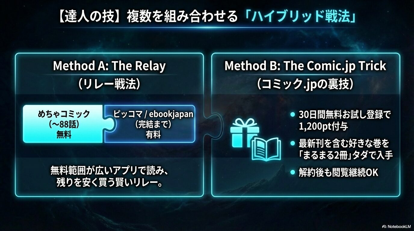 めちゃコミックと有料購入を組み合わせるリレー戦法や、コミック.jpの無料登録で2冊タダで入手する裏技を解説したスライド。