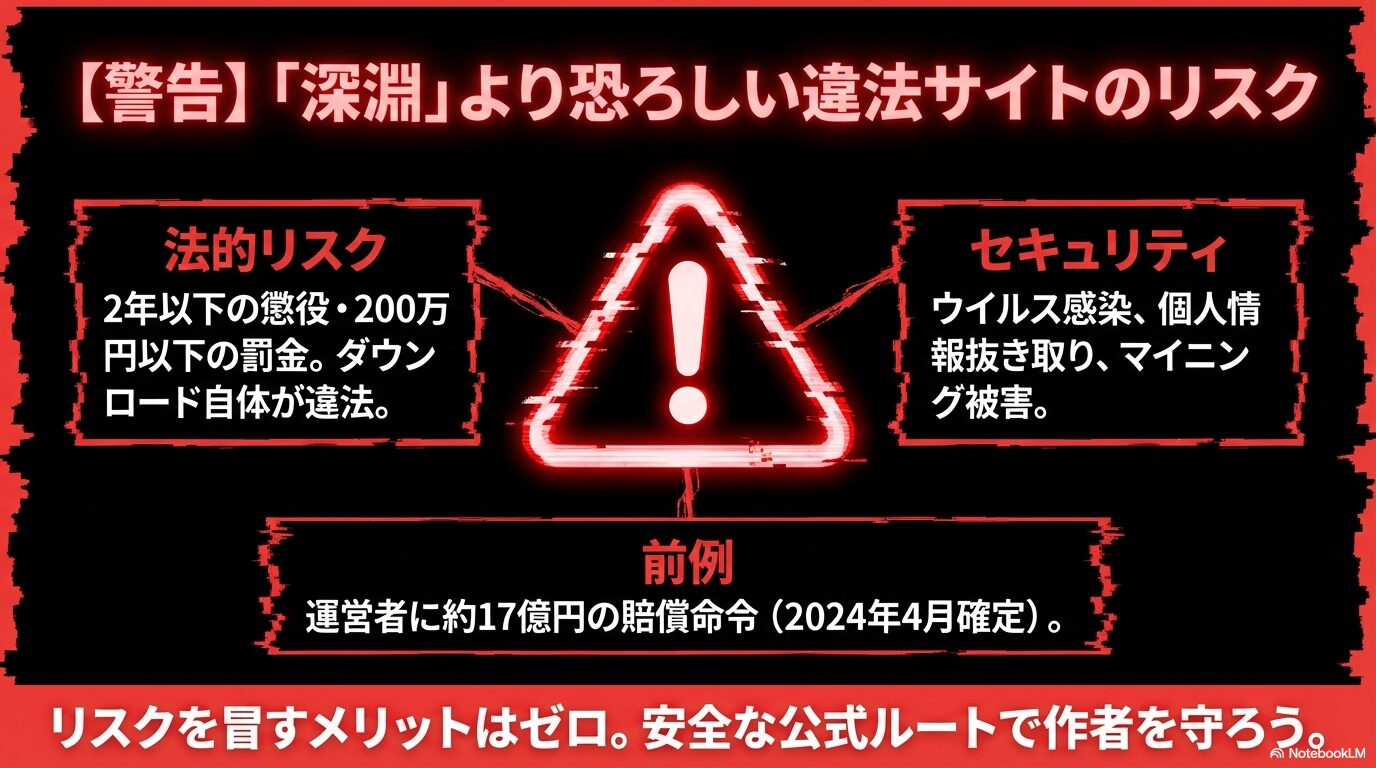 海賊版サイト利用による法的リスク(懲役・罰金)とセキュリティ被害(ウイルス、個人情報抜き取り)、および過去の賠償命令事例を示した警告図。