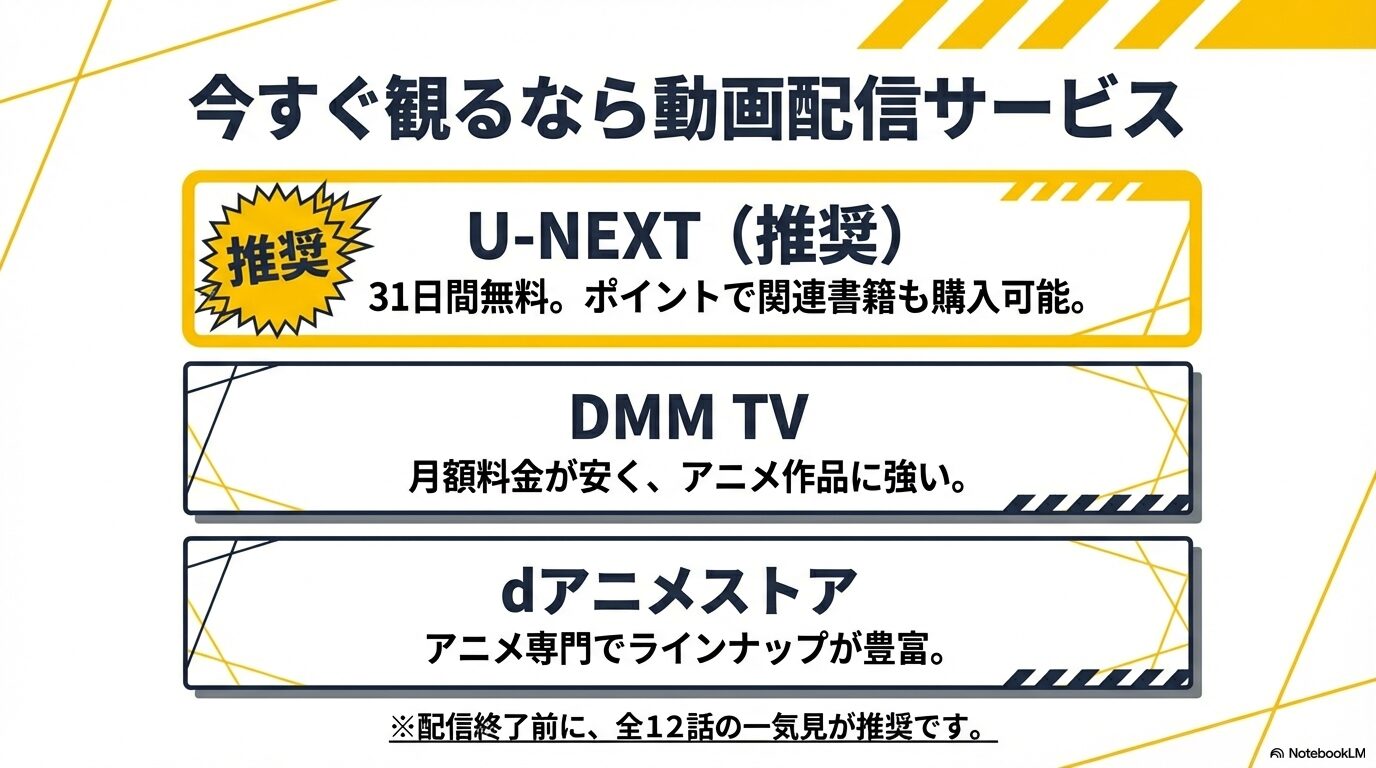 U-NEXT、DMM TV、dアニメストアなど、バディ・ダディ全12話をお得に一気見できる推奨サービスの紹介。
