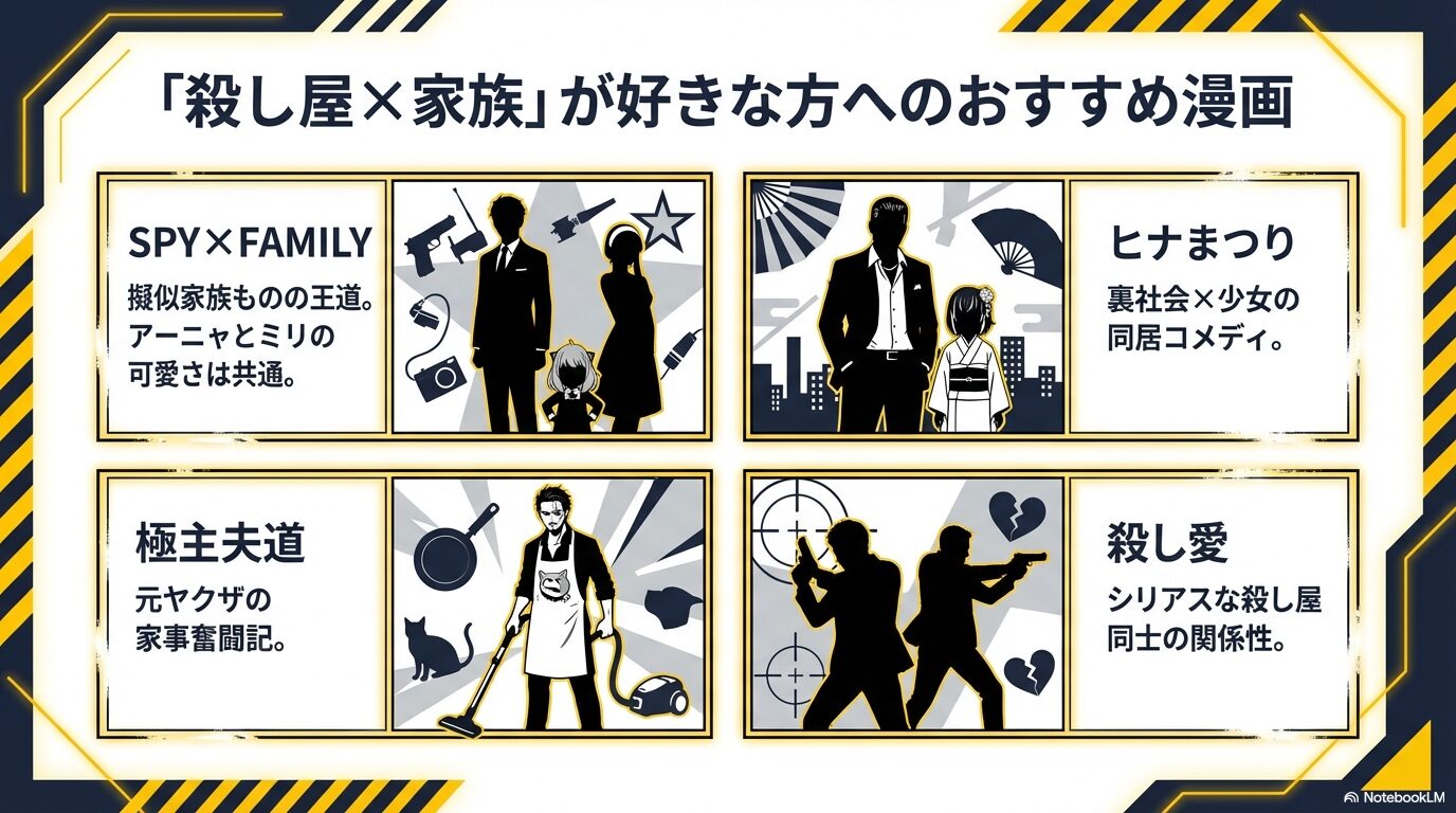 SPY×FAMILY、ヒナまつり、極主夫道、殺し愛など、バディ・ダディとテーマが近いおすすめの漫画作品リスト。