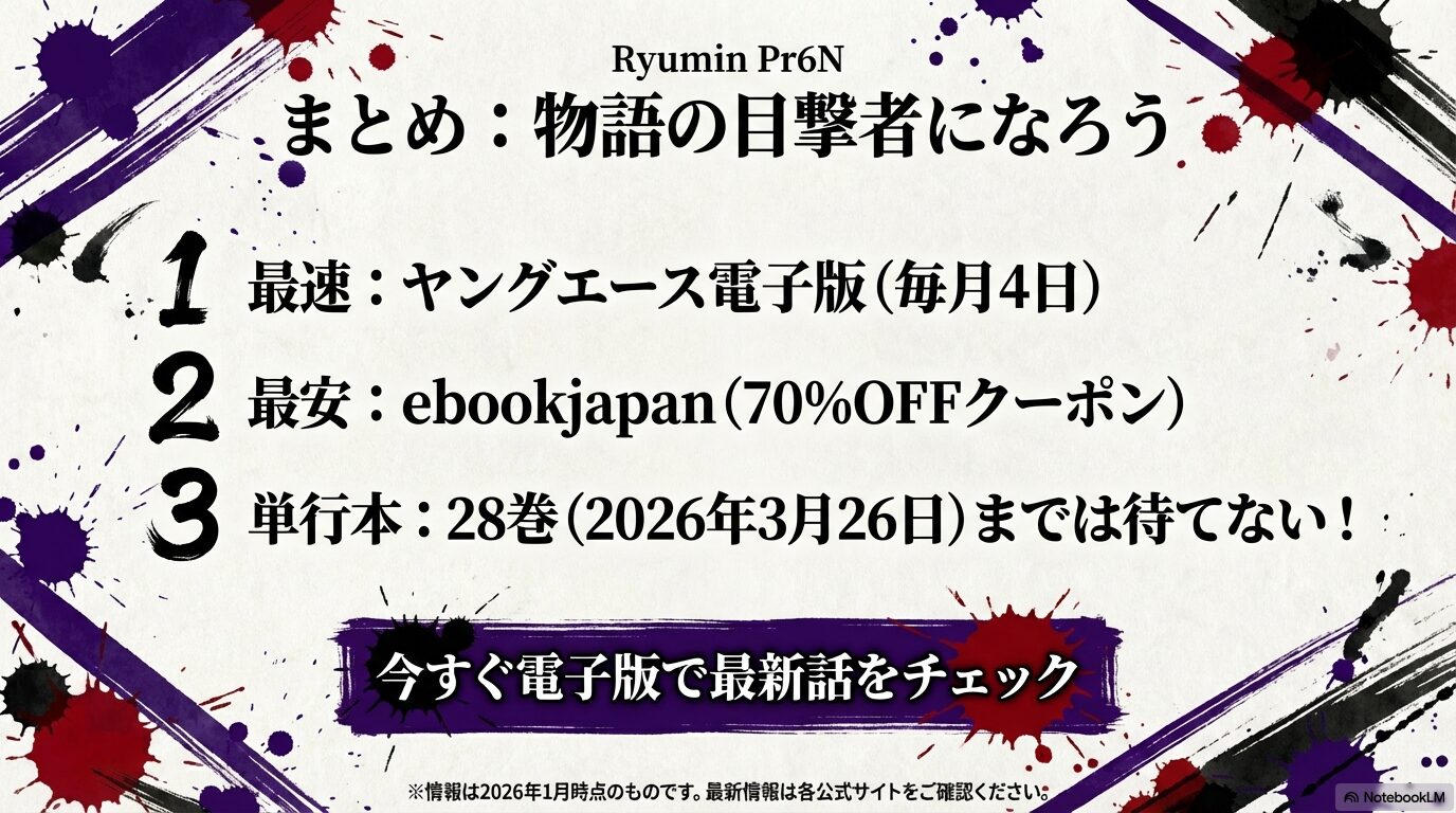 最速のヤングエース電子版、最安のebookjapan、2026年3月の単行本28巻情報をまとめた最終確認スライド