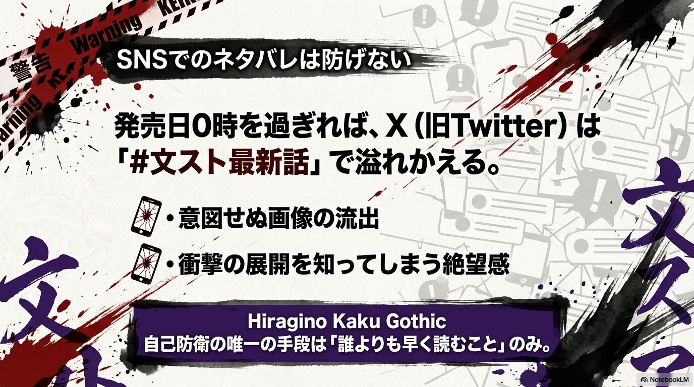X(旧Twitter)での「#文スト最新話」による意図せぬ画像流出やネタバレ絶望感を防ぐための自己防衛策スライド