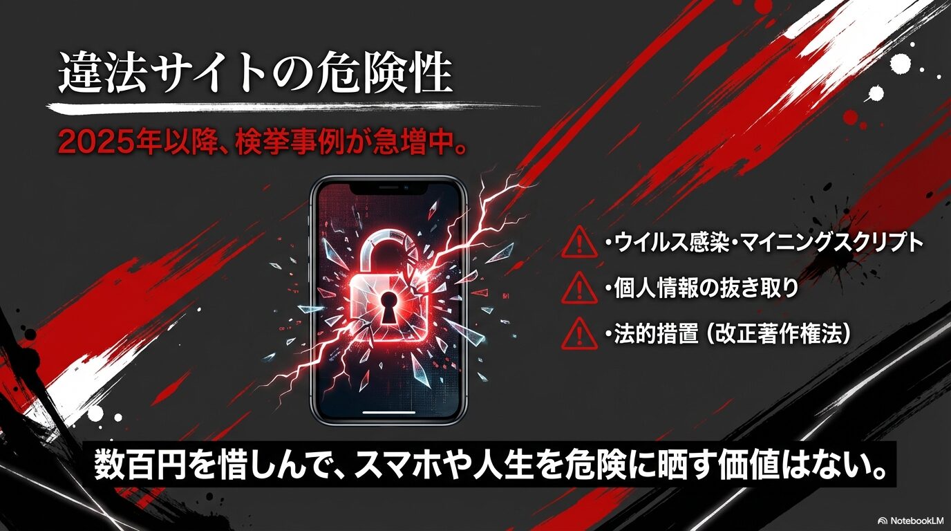 ウイルス感染、個人情報抜き取り、改正著作権法による法的措置など、違法サイト利用の危険性を警告するスライド