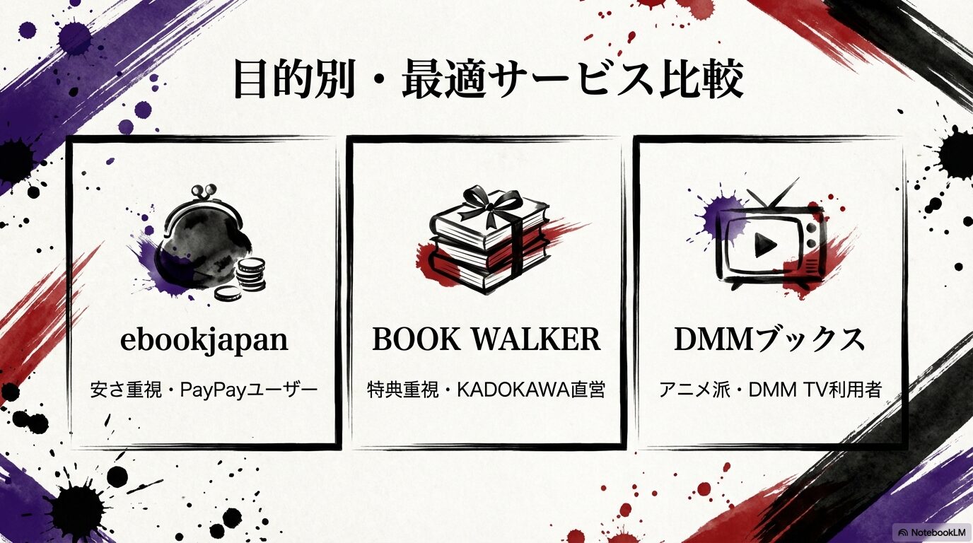 安さ重視のebookjapan、特典重視のBOOK WALKER、アニメ派のDMMブックスの3大サービス比較