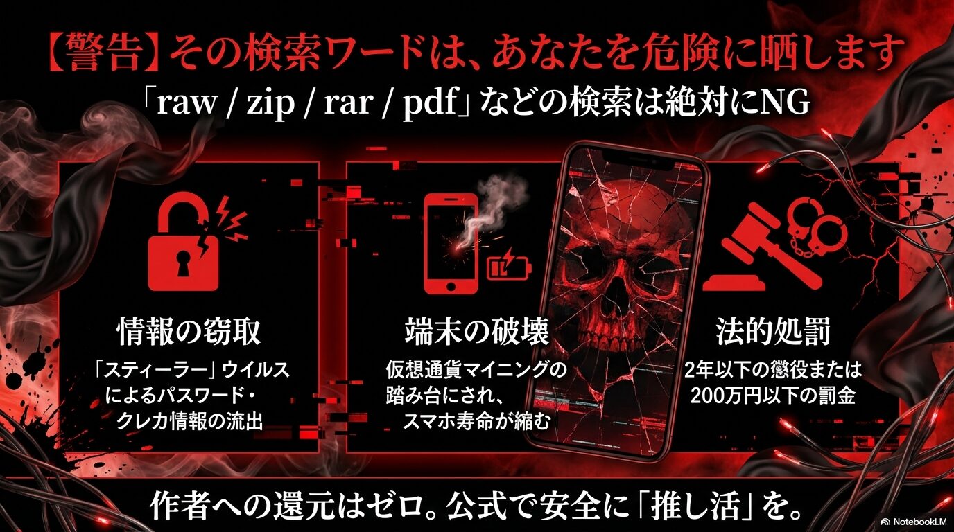 raw、zip、pdfなどの海賊版検索の危険性として、ウイルス感染や法的処罰(2年以下の懲役等)を警告するスライド