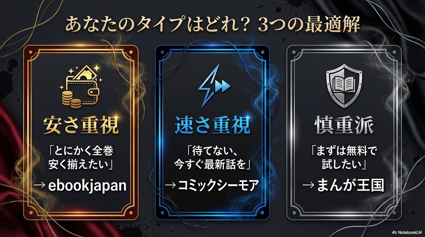 安さ重視のebookjapan、速さ重視のコミックシーモア、慎重派のまんが王国など、ユーザータイプ別の最適解を示したスライド