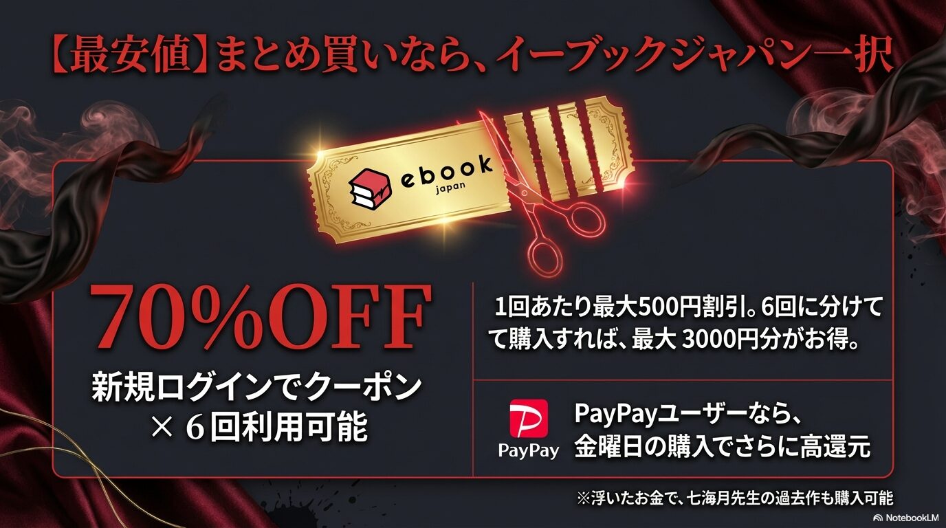 ebookjapanで新規ログインクーポンを6回利用し、最大3000円分お得に購入する方法を解説したスライド