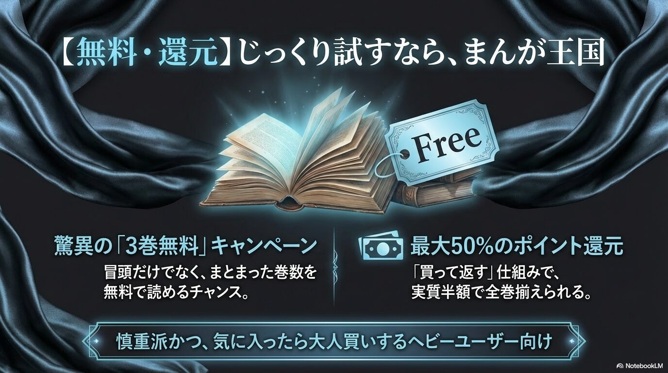 まんが王国の3巻無料キャンペーンや、最大50%のポイント還元で実質半額で揃えられる仕組みを解説したスライド