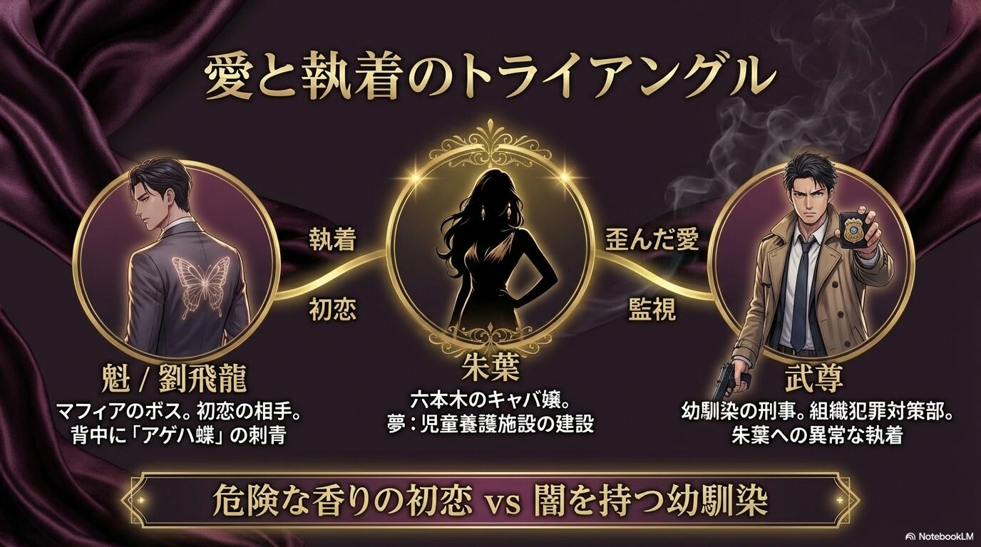 朱葉、魁(劉飛龍)、武尊の3人の関係性と、執着、監視、初恋といったキーワードをまとめた相関図スライド