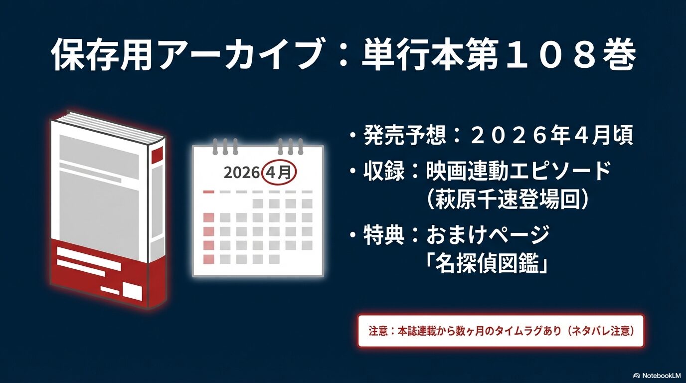 2026年4月頃発売予想の108巻情報。映画連動エピソード収録と「名探偵図鑑」おまけページの特典について。
