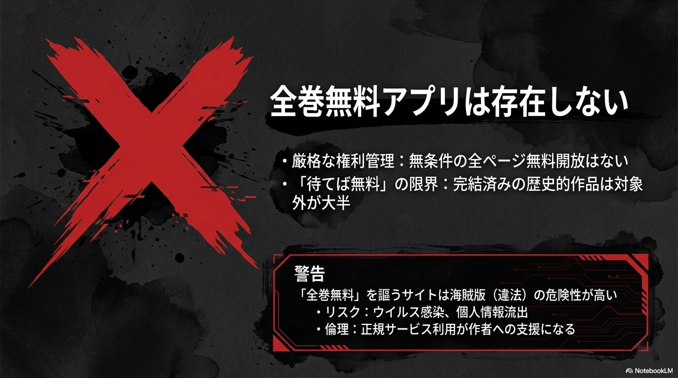 デビルマンに全巻無料アプリが存在しない理由(厳格な権利管理)と、違法サイトのリスク(ウイルス感染等)についての警告