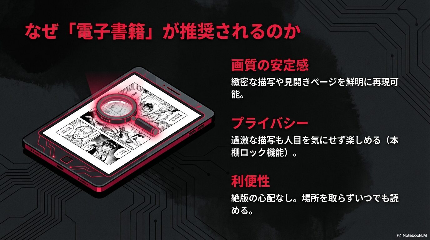 デビルマンの購読に電子書籍が推奨される理由(画質、プライバシー、利便性)を解説したスライド
