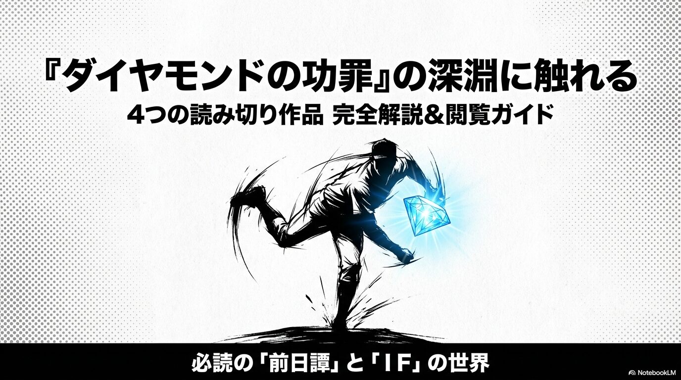 ダイヤモンドの功罪の読み切り4作品を完全解説するスライドの表紙。投球する少年のイラスト。