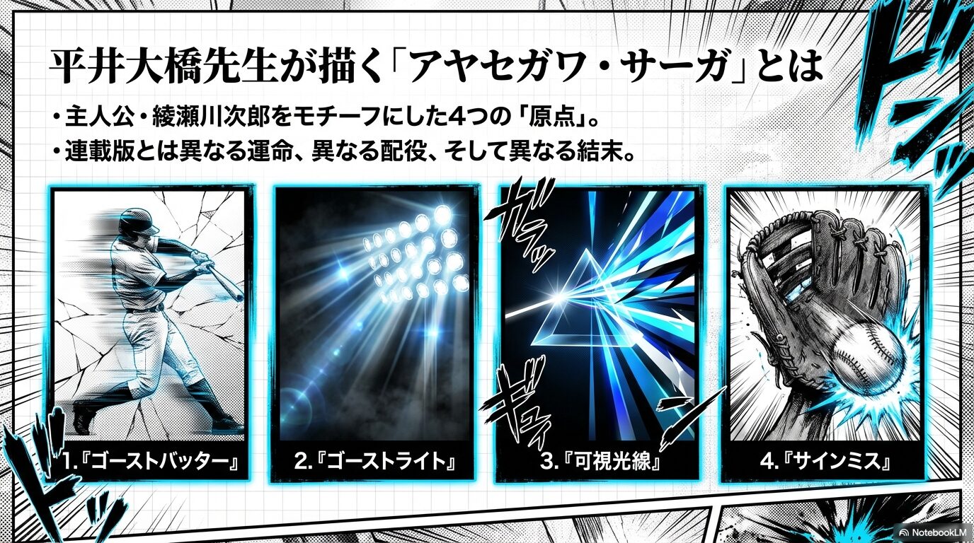 主人公・綾瀬川次郎をモチーフにした4つの読み切り作品「ゴーストバッター」「ゴーストライト」「可視光線」「サインミス」のリスト。