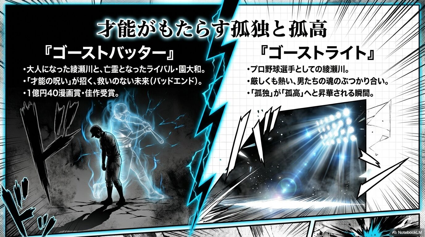 大人になった綾瀬川を描く「ゴーストバッター」と、プロ野球選手としての姿を描く「ゴーストライト」の解説スライド。