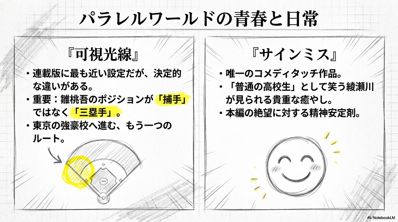 雛桃吾が三塁手として登場する「可視光線」と、コメディタッチの日常を描く「サインミス」のポイント解説。