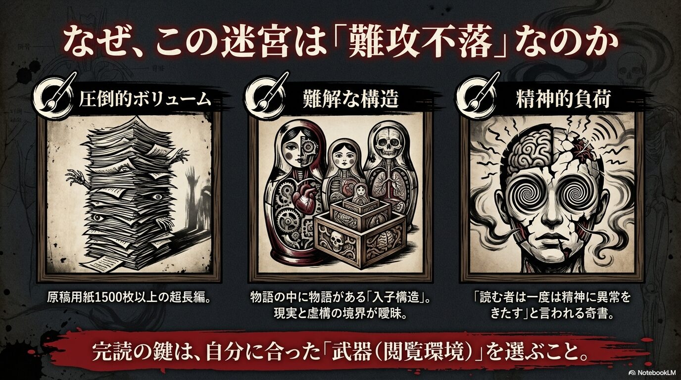 ドグラ・マグラが完読困難な理由として、原稿用紙1500枚以上のボリューム、物語が入れ子構造になった難解な構成、精神的負荷の強さを解説したスライド