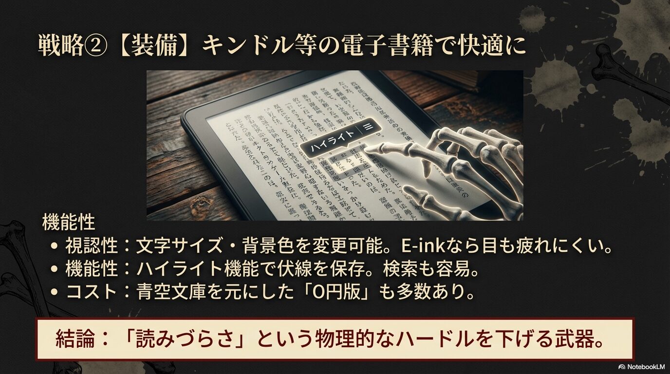 電子書籍(Kindle)でドグラ・マグラを閲覧する利点として、文字サイズ変更による視認性の向上、ハイライト機能による伏線管理、無料版の存在を解説したスライド