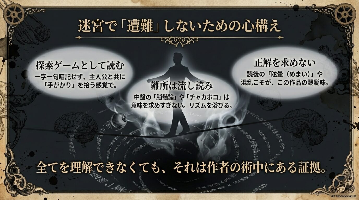 探索ゲームとして読む、難所(脳髄論など)は流し読みする、正解を求めず眩暈を楽しむといった、ドグラ・マグラを完読するためのマインドセットを解説したスライド