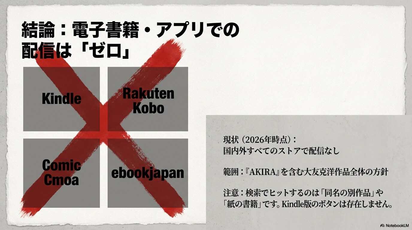 『童夢』の主要電子書籍ストア配信状況(2026年時点)
代替テキスト (alt): Kindle、楽天Kobo、ebookjapanなど国内すべてのストアで配信なし。
3. なぜ電子化されないのか