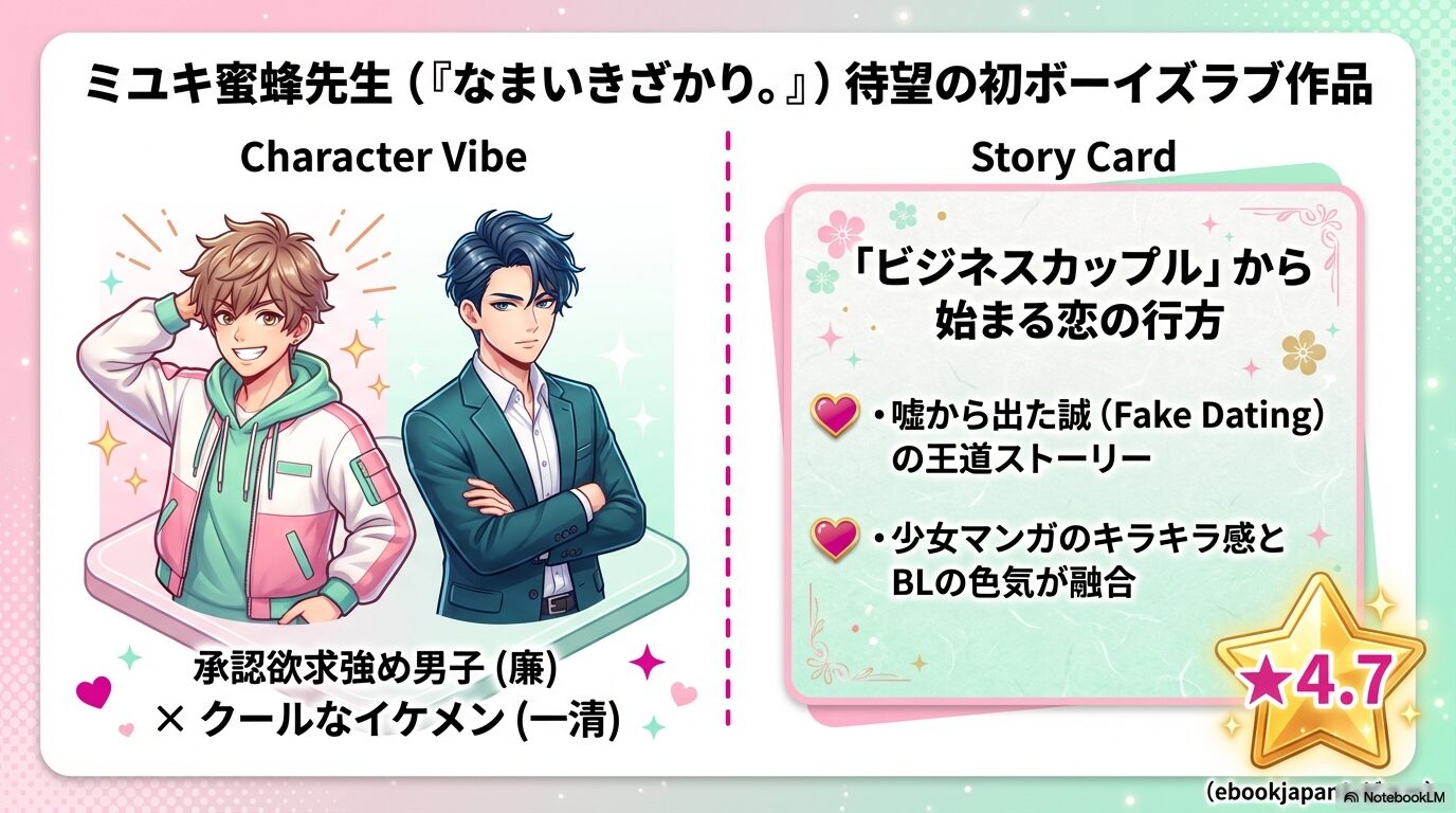 承認欲求強め男子・廉とクールなイケメン・一清によるビジネスカップルのあらすじと作品の魅力をまとめたスライド