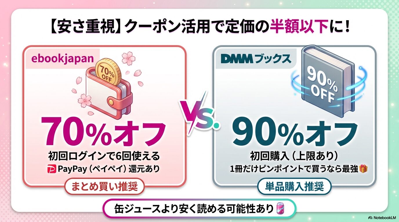 ebookjapanの70%OFFクーポンとDMMブックスの90%OFFクーポンの特徴を比較し、まとめ買いか単品購入かで選ぶ基準を示したスライド